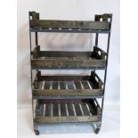 An industrial 4 tier trolley with removable wooden crates, raised on castors, H.136 W.77 D.46cm