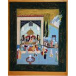 A Persian painted textile, decorated with noblemen in courtyard scenes, gilt floral border on a