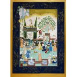 A Persian painted textile, depicting noblemen in courtyard scene, with gilt floral border on blue