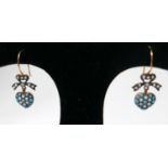 A pair of yellow gold, diamond, turquoise and pearl studded earrings, each composed of a pearl and