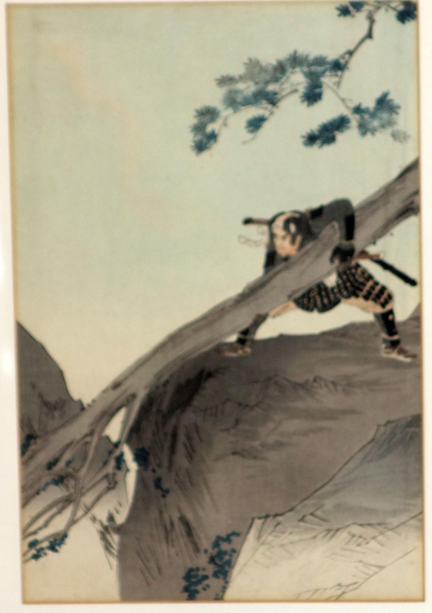 A 19th century Japanese woodblock triptych of warriors by tree, with artist marks, 34 x 71cm - Image 4 of 4