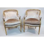 A pair of Oficina Inglesa gilt wood chairs, with velour upholstery, raised on reeded tapered legs