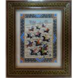 A Persian painting on bone of polo players, within painted floral border, in geometric design frame,