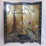 A 20th century Chinese four fold dressing screen, decorated with flora and fauna, H.183 W.162cm