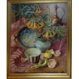 Hello Welly, still life of flowers and fruit, oil on canvas, signed to lower left, 79 x 59cm