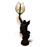 A reproduction resin figural lamp, with an angel holding a lady under a floral shade, H.82cm