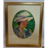 20th century school, portrait of a lady, oil, feigned to oval, in gilt painted frame, 35 x 27cm