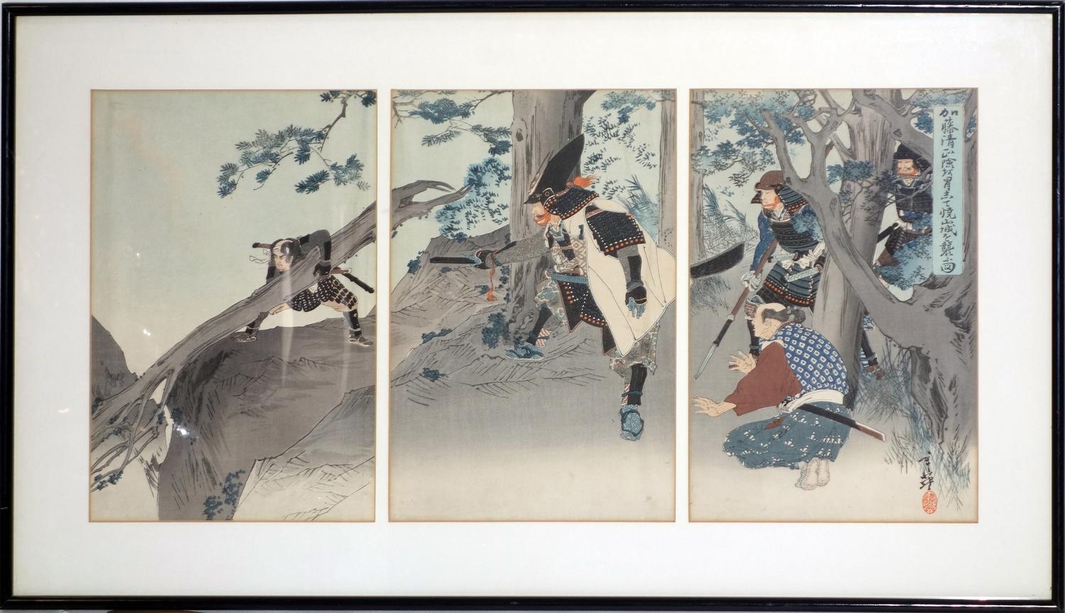 A 19th century Japanese woodblock triptych of warriors by tree, with artist marks, 34 x 71cm