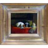 A 20th century oil on panel of two King Charles spaniels, indistinctly signed to lower right, 19 x