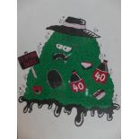 A lithographic print of a monster holding sign 'Everything Sucks', signed lower right, numbered 26/