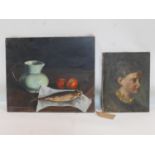 Yves Hervochon, a still life of a fish, two apples and a jug, signed and dated 1959 to lower left,