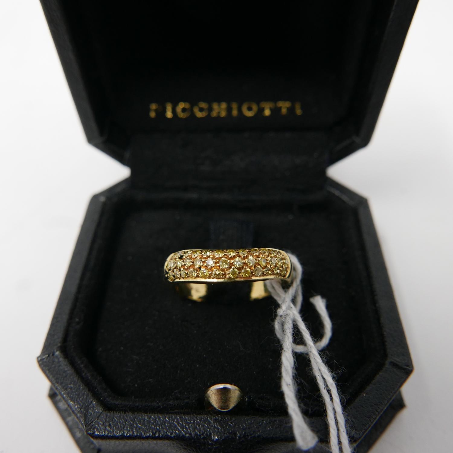 A boxed designer 18ct yellow gold and pave-set yellow diamond ring by Picchiotti, Size: K 1/2, 4.3g