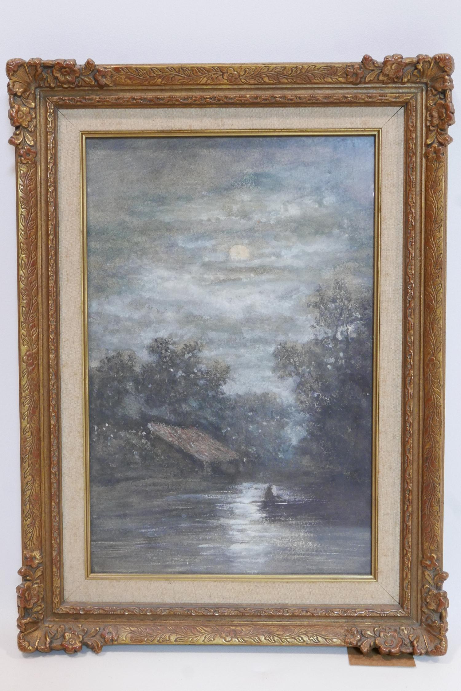 Early 20th century Continental school, Riverscape in Moonlight, watercolour, unsigned, framed - Image 2 of 2