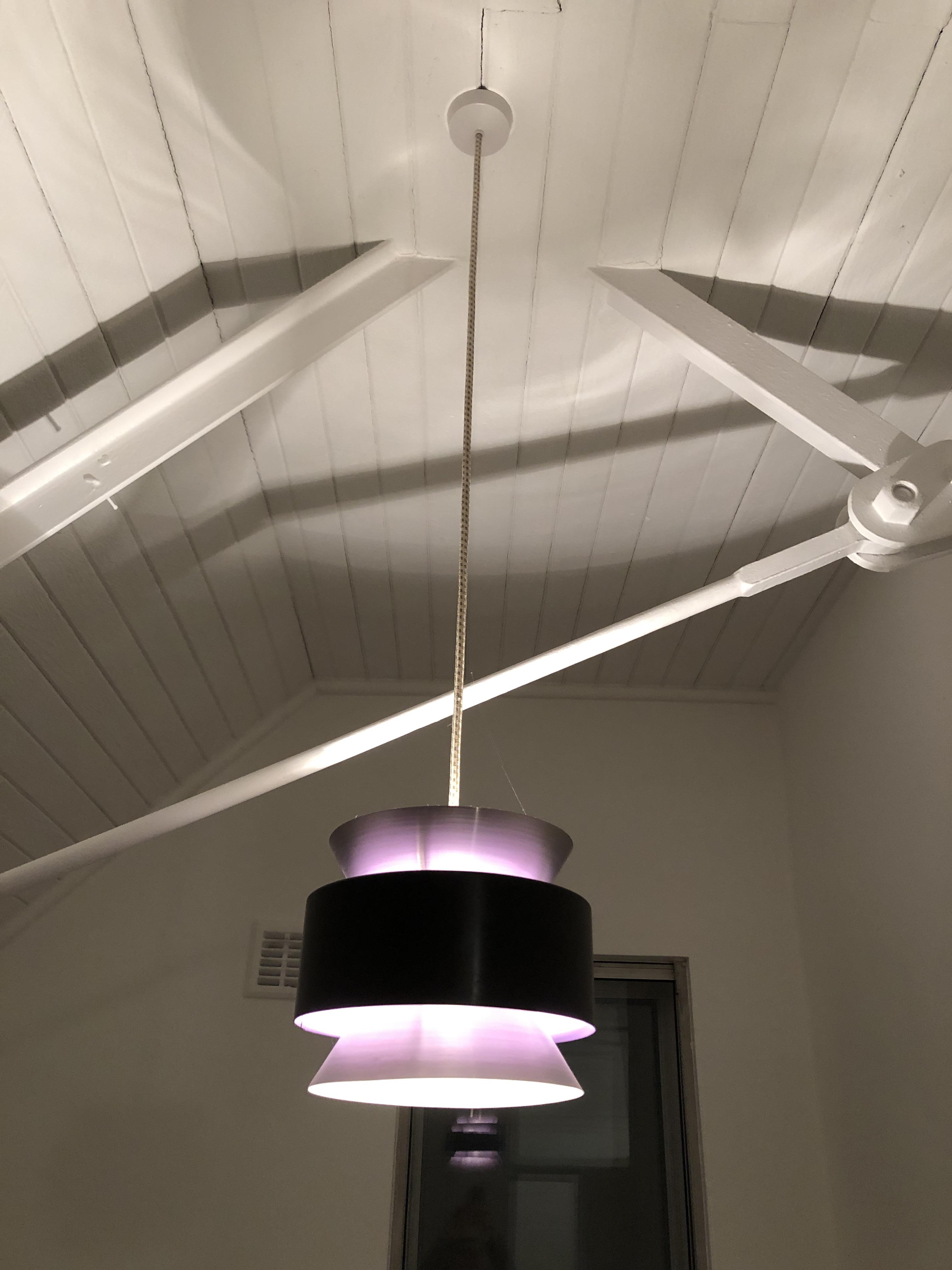 A pair of 1970's Danish enamelled ceiling light pendants with silver and purple lining - Image 2 of 4