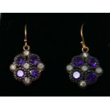 A boxed pair of yellow gold, diamond and amethyst cluster drop earrings, each earring set with 5