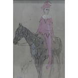 A Picasso print 'harlequin on horse' with gallery label to verso, 62 x 43cm