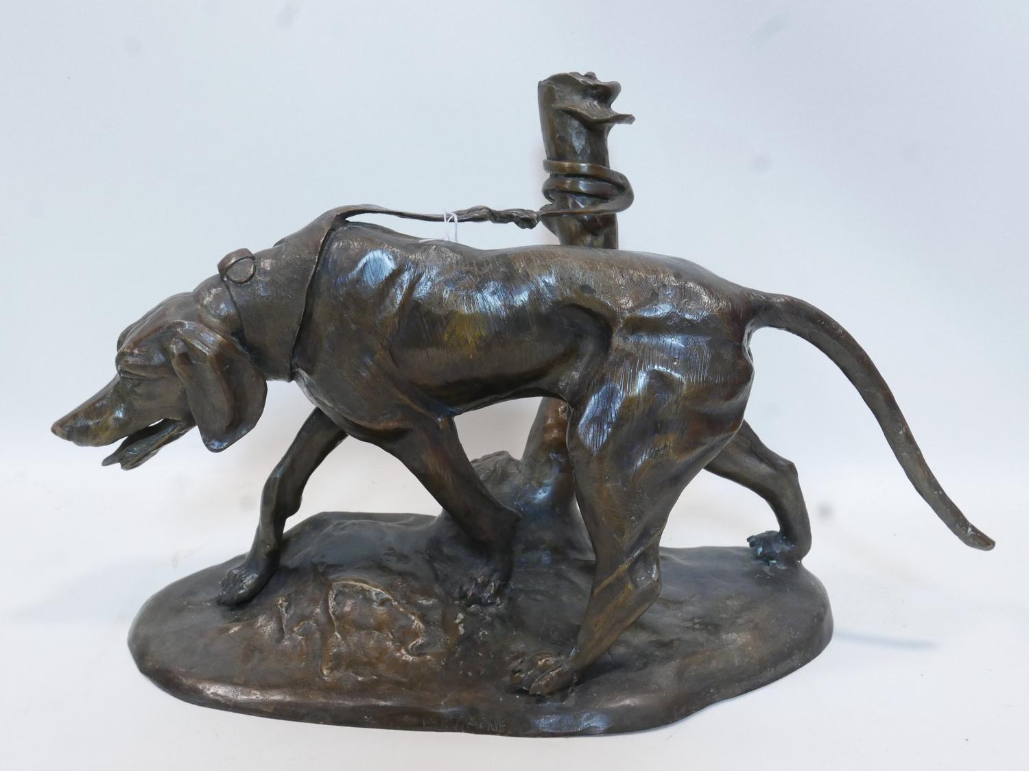 A cast bronze figure of a dog tied to a tree stump, on naturalistic base, H.45 W.60 D.29cm - Image 3 of 3