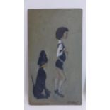 P. Wilon, a girl with a dog on a leash, oil on board, signed lower right, 85 x 47cm