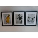Three original Twiggy fashion tear sheets, in black frames, 28 x 20cm
