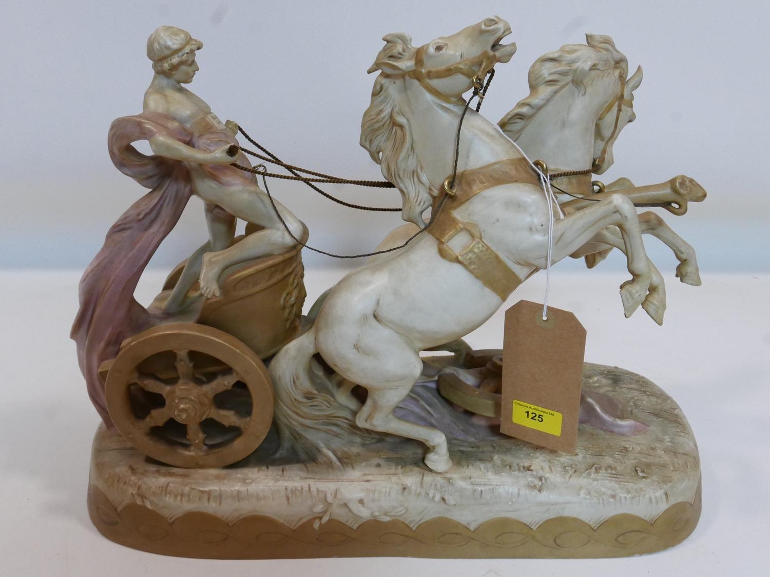 A large Royal Dux porcelain group of chariot and horses, H.41 W.52 D.21cm