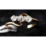 An antique 18ct yellow gold and 3-stone brilliant-cut diamond ring, Size: N 1/2, 2.2g