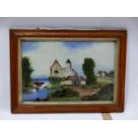 A painting on glass depicting a church by a coast, set in maple frame, 40 x 60cm