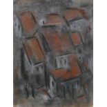 A framed and glazed pastel study of red brick village rooftops, H: 25cm, W: 20cm, Unsigned.