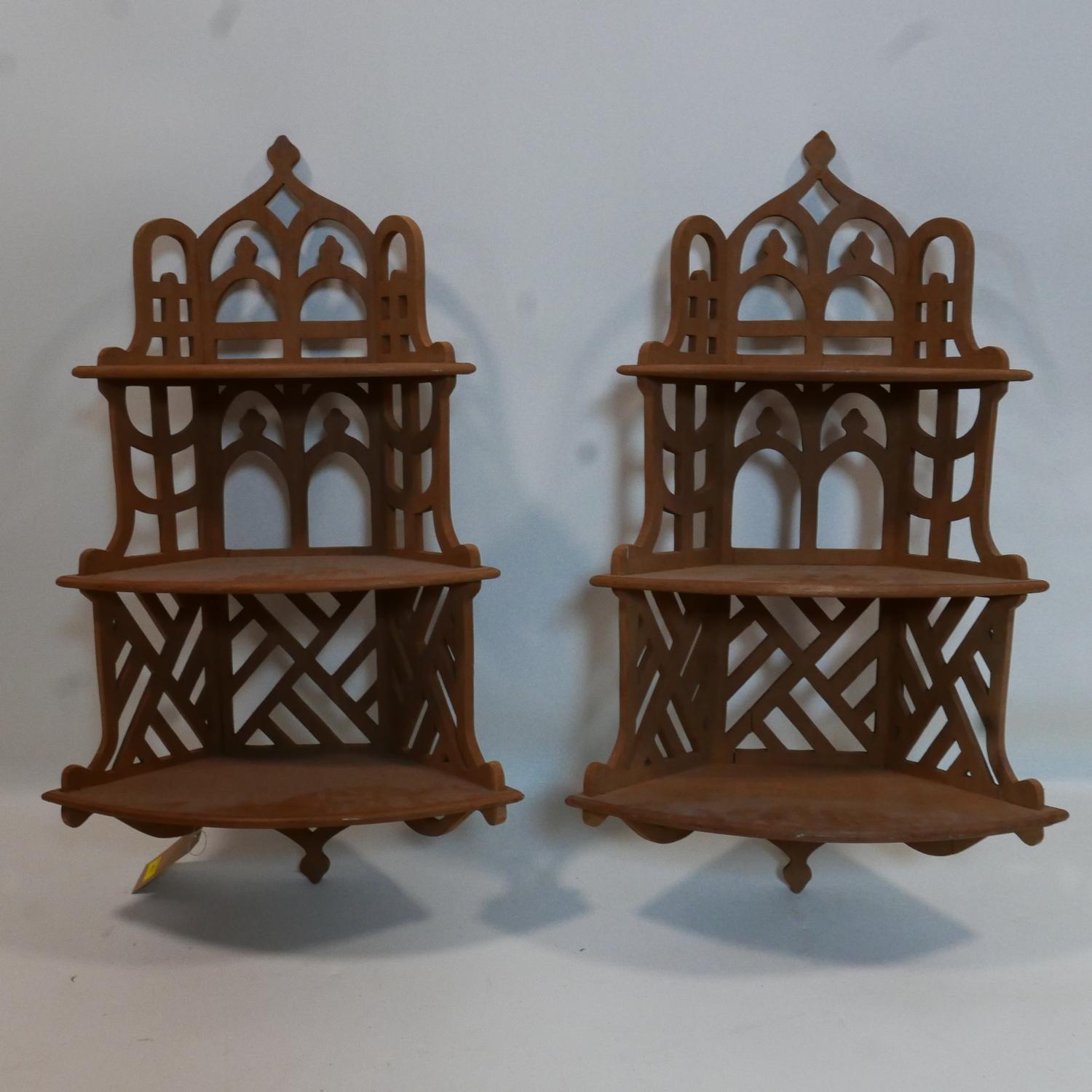 A pair of teak hall hanging corner shelves, H.93 W.57 D.28cm