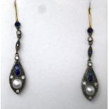 A boxed pair of yellow gold, diamond, sapphire and pearl drop earrings, L: 5cm, 3.5g