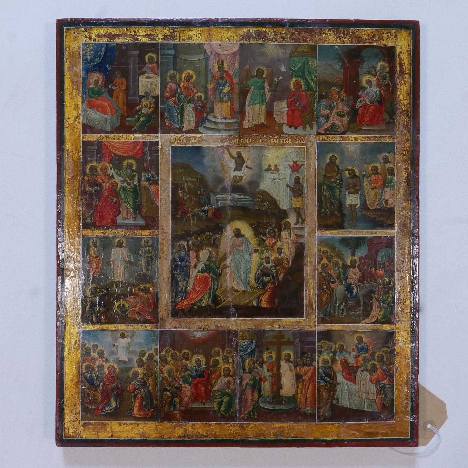 A large Russian icon of the Descent and Resurrection of Christ and Feasts, tempera on wood panel,