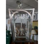 A large contemporary chrome and glass ceiling lantern with Edison style light bulbs, H.98 W.62 D.