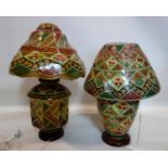 Two animal hide table lamps, polychrome decorated with stylised flowers, with matching hide