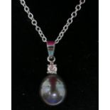 A boxed, 14ct white gold grey South Sea pearl and brilliant-cut diamond pendant necklace