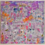 Helen Lack, contemporary artist, Mixed media canvas entitled 'Paris', in shades of purple, blue