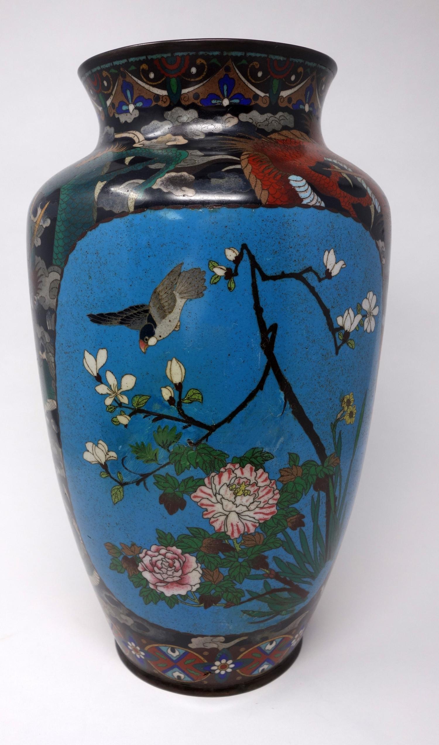 A Chinese cloisonne enamel vase, decorated with vignettes of birds amongst flowers and dragons - Image 3 of 3