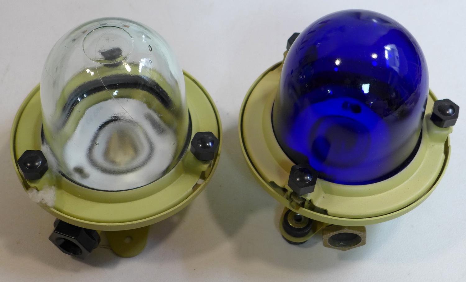 Two USSR Soviet ship lights (one blue, one clear) with thick glass covers and cream painted metal