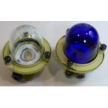 Two USSR Soviet ship lights (one blue, one clear) with thick glass covers and cream painted metal