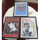 Three printed music posters for 'The Damned', Anarchy in the UK by 'The Sex Pistols' and Clash