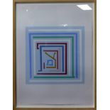 An Israeli silkscreen print of multi-coloured geometric design, framed, 44 x 44cm