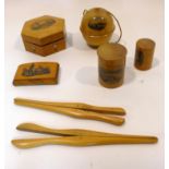 A collection of antique treen items to include boxes, string dispenser and other items