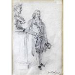 An early 20th century pencil drawing of a gentleman standing by a bust, signed and dated 8th Jan