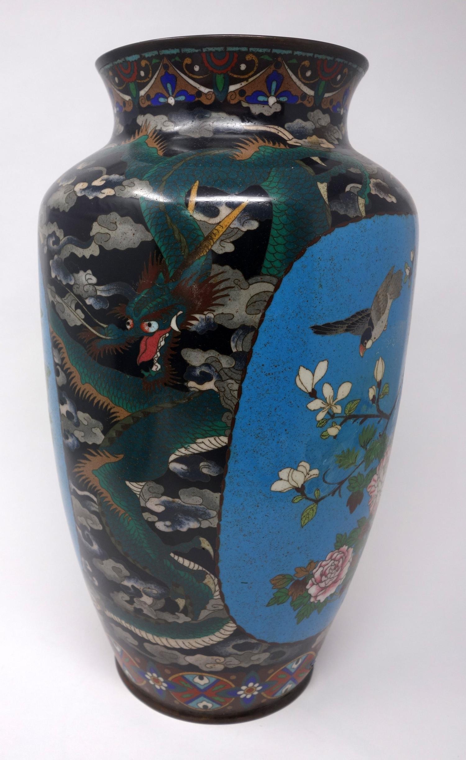 A Chinese cloisonne enamel vase, decorated with vignettes of birds amongst flowers and dragons - Image 2 of 3