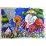 An Italian watercolour of an abstract study of marine life, indistinctly signed, framed and