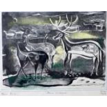 Agnes C. Sims (American, 1910-1990), 'Deer at Night', linocut, signed, titled, dated 1965 and