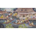 A south east Asian acrylic on canvas, boating scene, 54 x 95cm