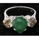 A boxed 18ct white gold double diamond and pear-shaped natural emerald ring