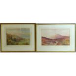 Two early 20th century watercolours, one depicting two figures in a Scottish landscape with purple