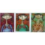 A contemporary tryptic oil on board of three young girls, each monogrammed MD, framed and glazed,
