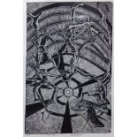 A contemporary African monochromatic linocut print, 'Drum Dance', signed and dated 2002 in pencil to