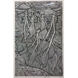 A contemporary African monochromatic linocut print, 'Crossing the Village', indistinctly signed
